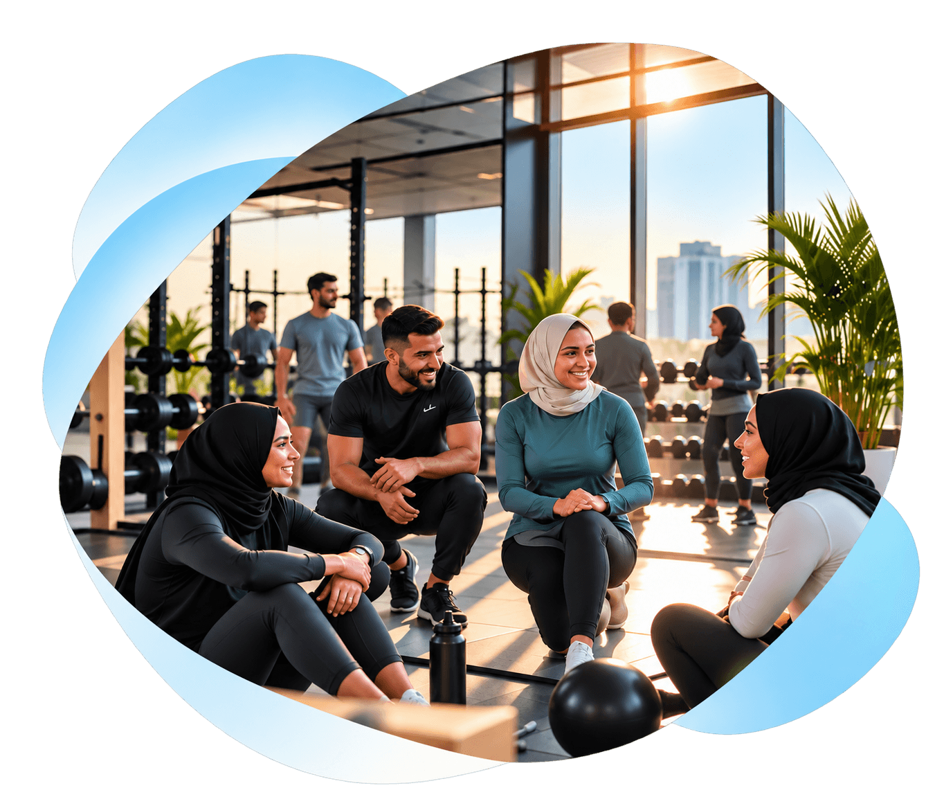 مجموعة متنوعة في استوديو عافية داخل إطار أزرق عضوي ناعم