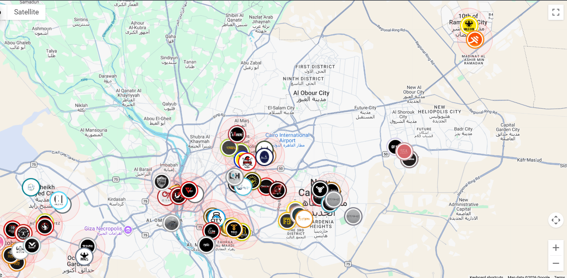 Map showing Kaimen partner gyms across Cairo and Giza